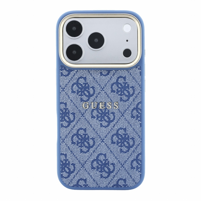 Guess PU bőr 4G aranykeretes, dombornyomott MagSafe hátsó tok iPhone 18 Pro-hoz, kék
