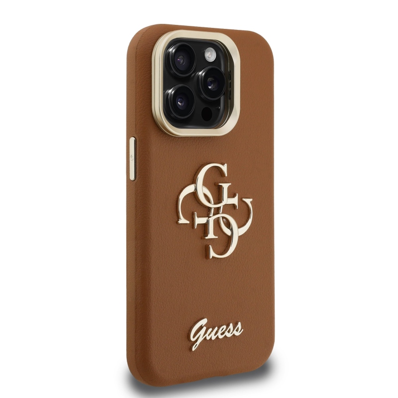 Guess PU szemcsés 4G Logo Stand Kamera keret hátlapi borító iPhone 15 Pro barna barna