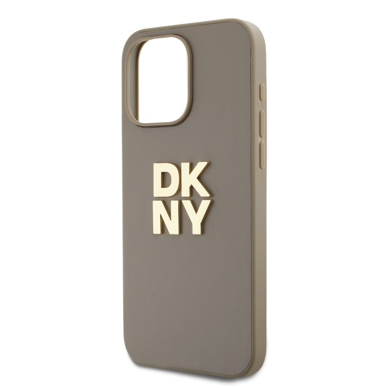 DKNY PU bőr Stack Logo csuklópánt hátlapi borító iPhone 14 Pro Max bézs színűre