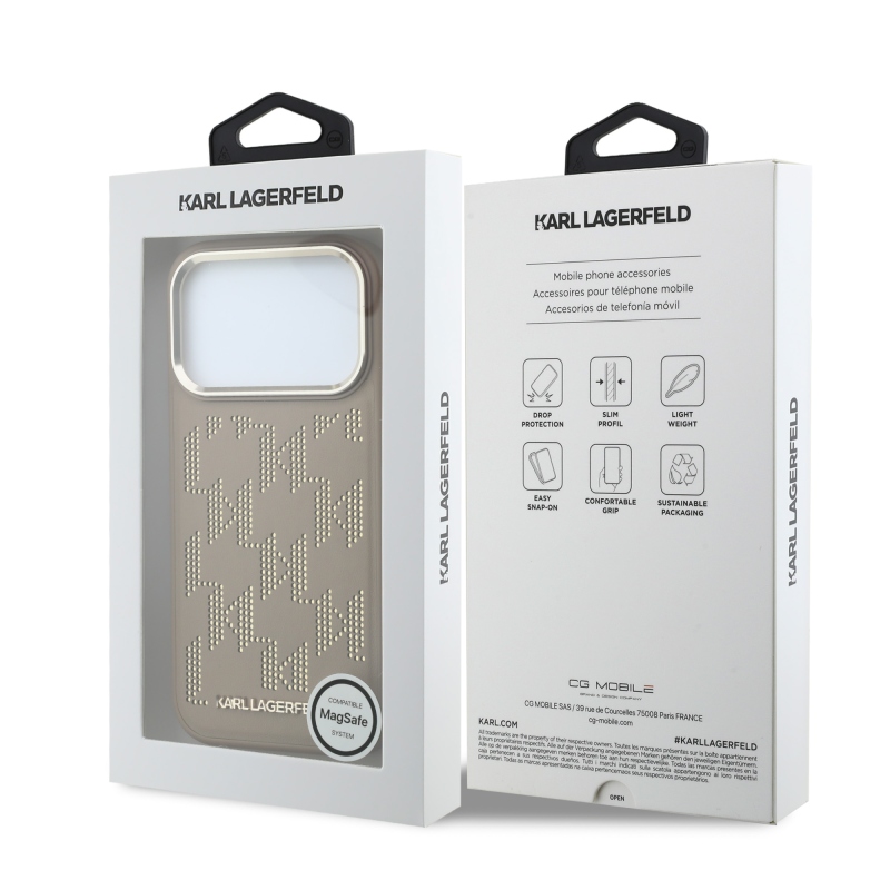 Karl Lagerfeld PU perforált Monogram MagSafe hátlap az iPhone 17 Pro Max-hoz, bézs színben