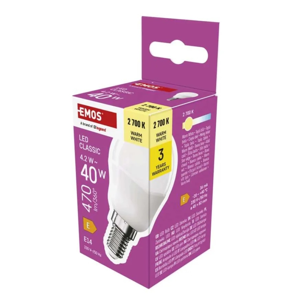 LED izzó Classic Mini Globe / E14 / 4,2 W (40 W) / 470 lm / meleg fehér