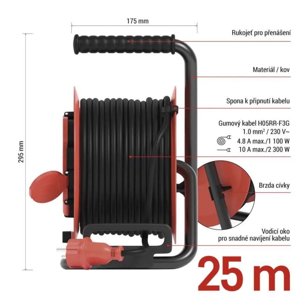 Kültéri hosszabbító kábel dobon 25 m / 4 aljzat / gumi / 230 V / 1,0 mm2 / IP44
