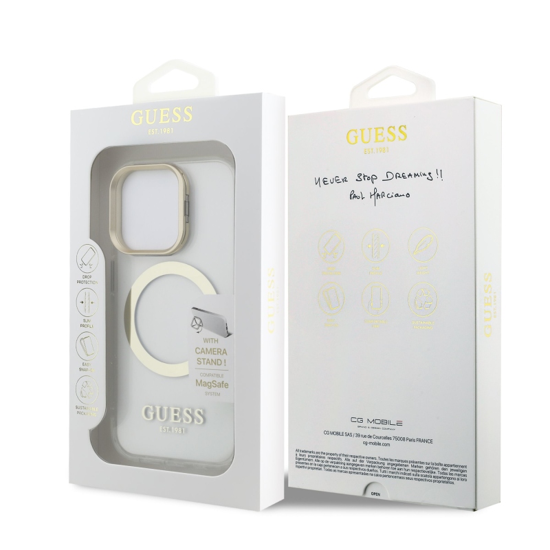 Guess IML Gold Outline Stand Kamera keret MagSafe hátlapi borító iPhone 15 Pro átlátszóhoz