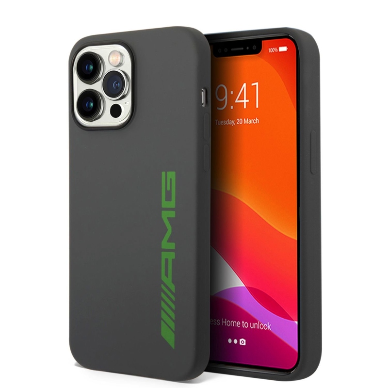 AMG Liquid szilikon zöld logós hátsó borítás iPhone 14 Pro szürke készülékhez