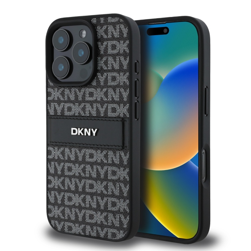DKNY PU bőr ismétlődő mintás tonális csíkos hátlapi borító iPhone 16 Pro Fekete