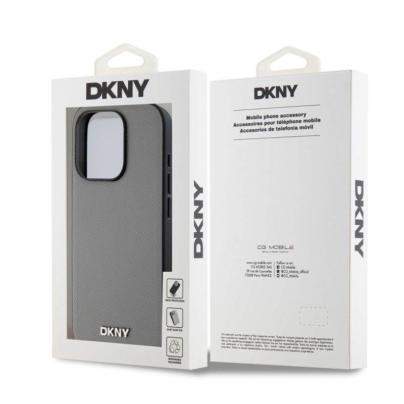 DKNY PU bőr ezüst fém logó Magsafe hátlap iPhone 14 Pro szürke szürkéhez
