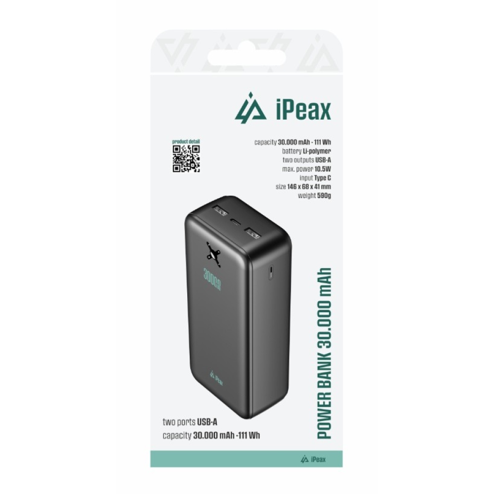 iPEAX Powerbank 30 000 mAh 10,5W 2x USB-A, fekete