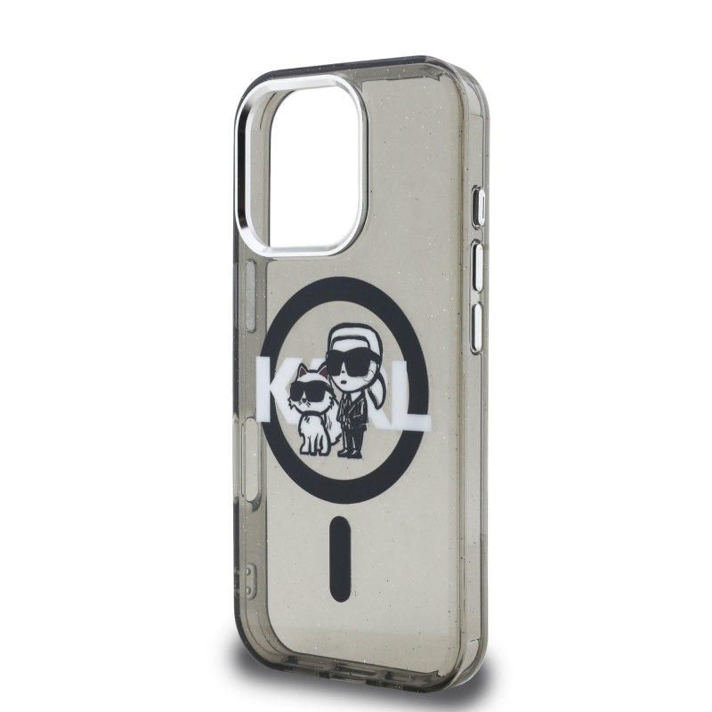 Karl Lagerfeld IML Glitter Karl és Choupette Sketch MagSafe hátlapi borító iPhone 16 Pro-hoz Fekete