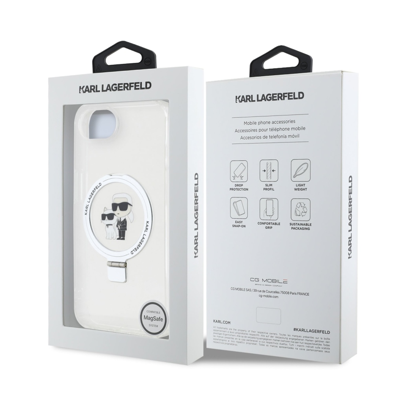 Karl Lagerfeld Ringstand Karl és Choupette MagSafe hátlapi borító iPhone 16e-hez Fehér