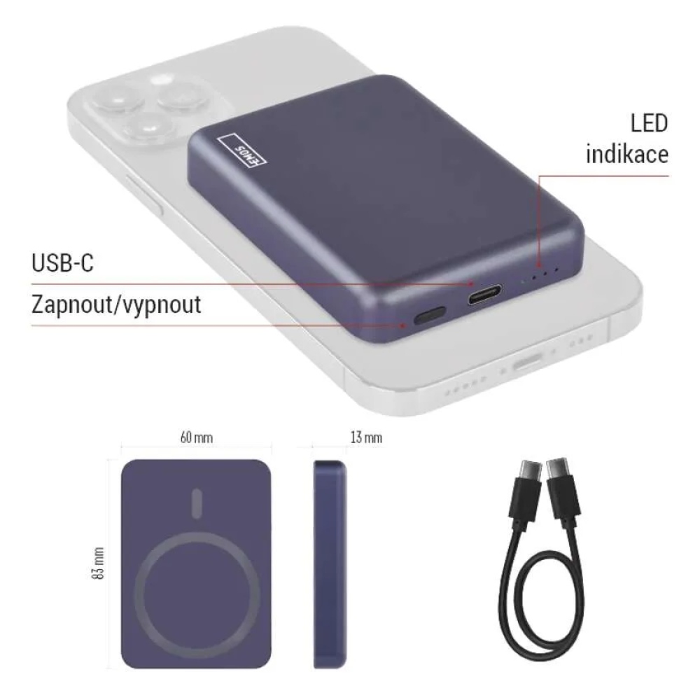 Powerbank EMOS WI 522, 5000 mAh, 20 W+vezeték nélküli - kék
