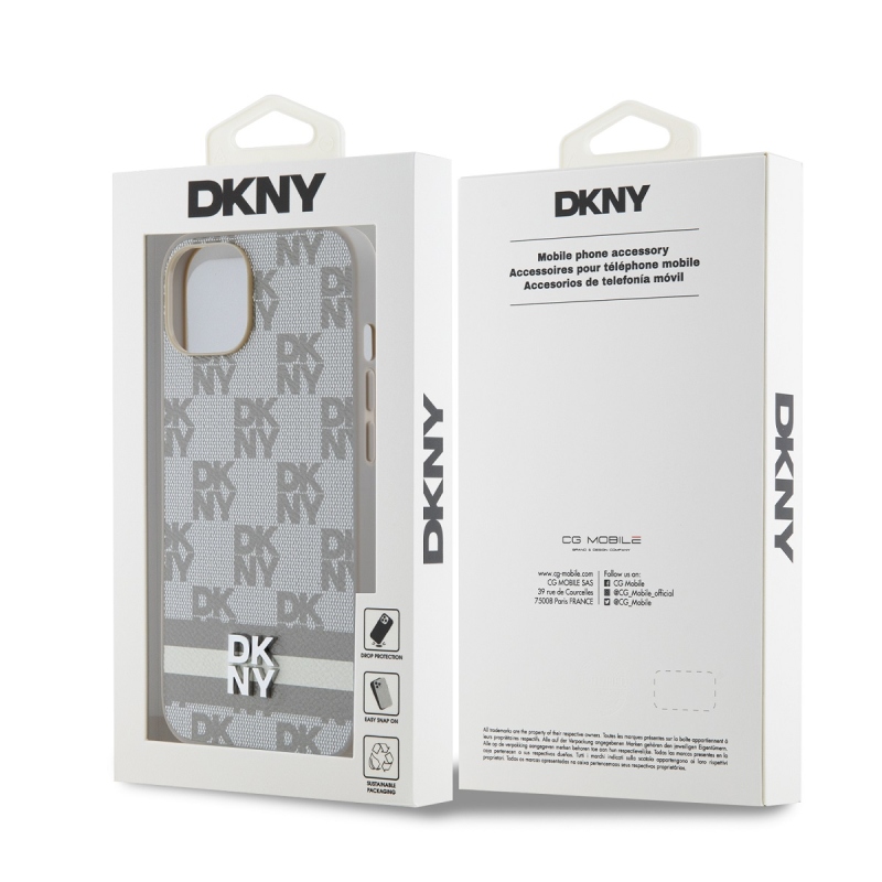 DKNY PU bőr kockás mintás és csíkos hátlapi borító iPhone 15 bézs színű készülékhez