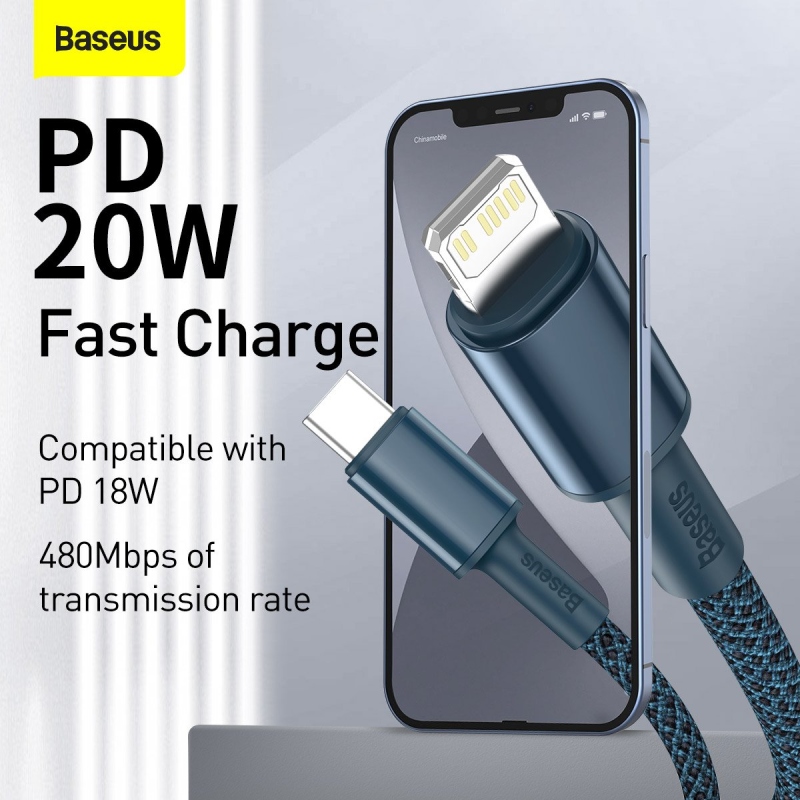 Baseus High Density Braided Series Gyors töltő kábel USB-C - világítás 20W 1m kék