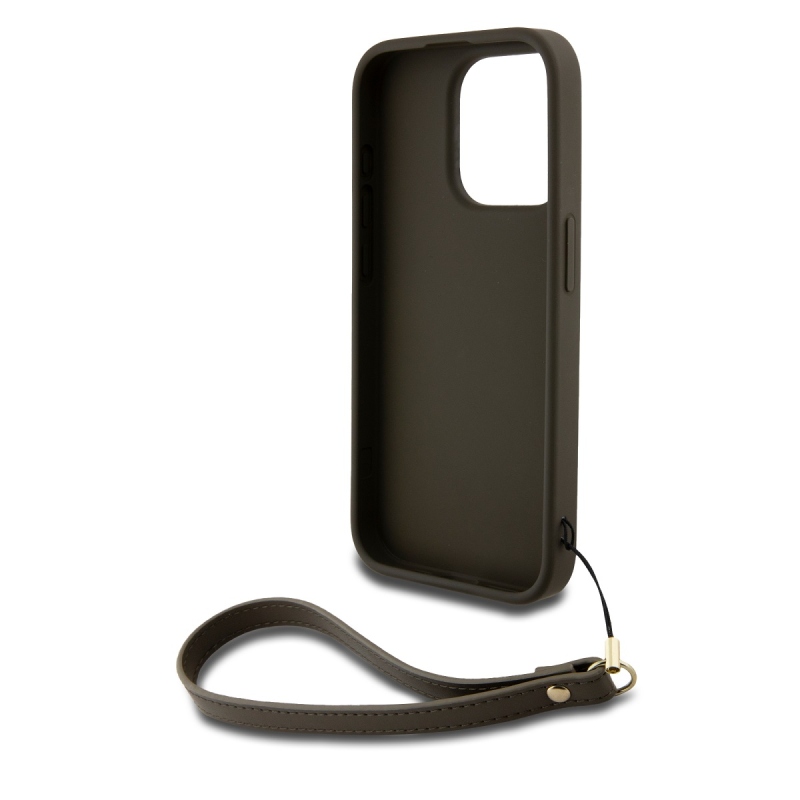 DKNY PU bőr Stack Logo csuklópánt hátlapi borító iPhone 14 Pro barna színhez