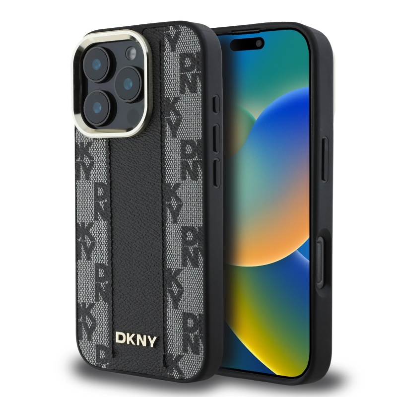 DKNY PU bőr kockás mintás Magsafe hátlap iPhone 16 Pro Fekete