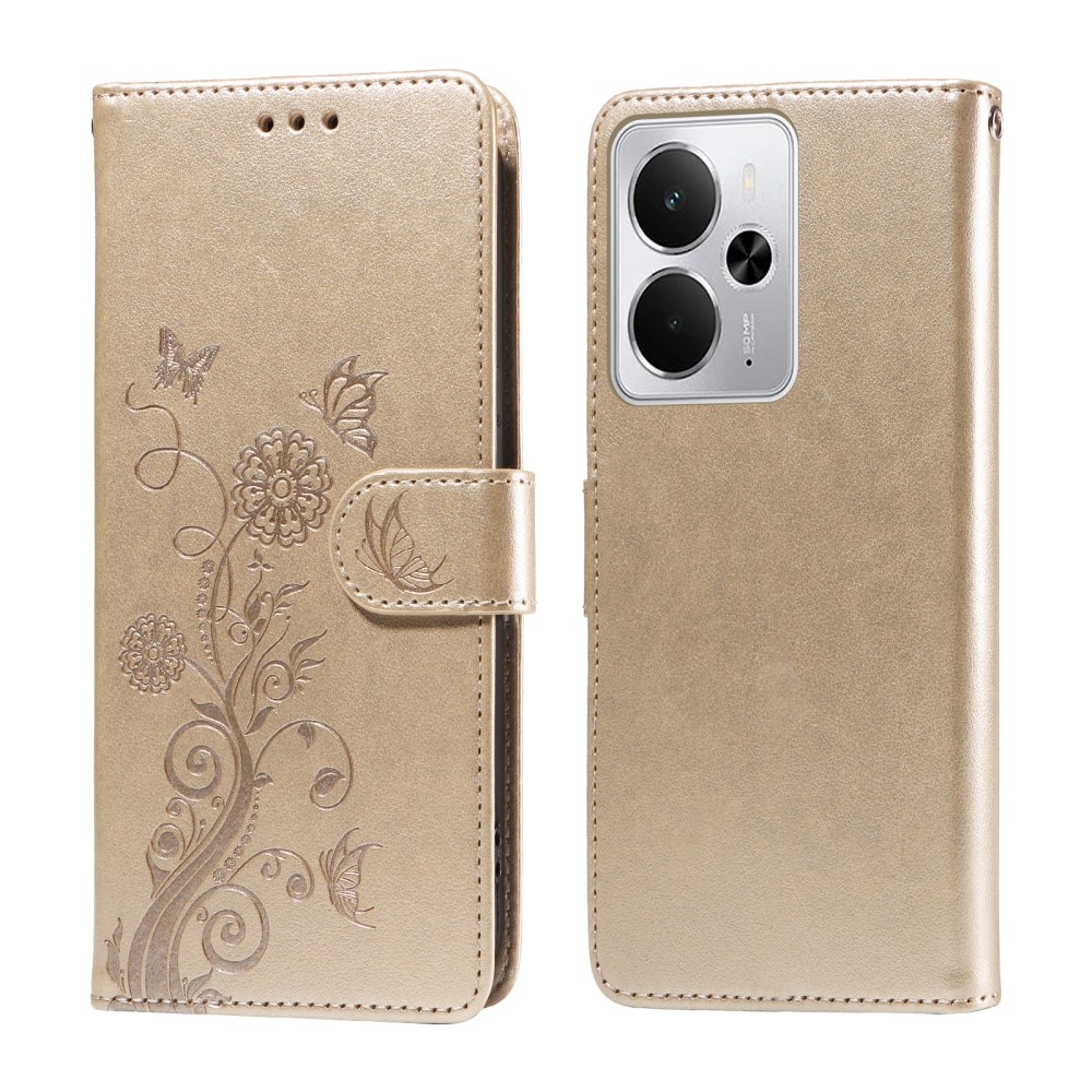 Virágos könyvtáska a Realme 14 5G készülékhez - arany színben