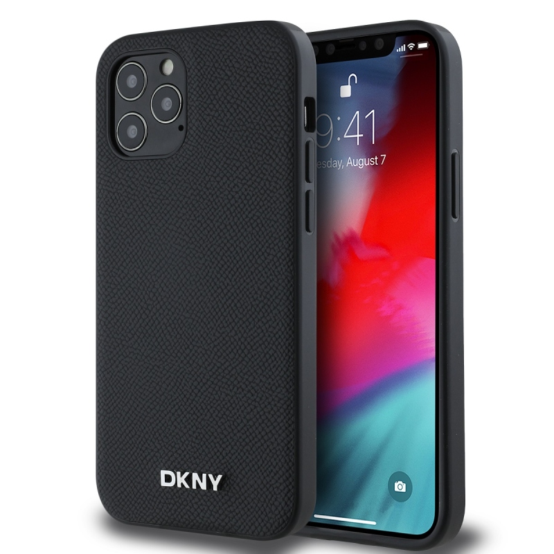 DKNY PU bőr ezüst fém logó Magsafe hátlap iPhone 12/12 Pro fekete