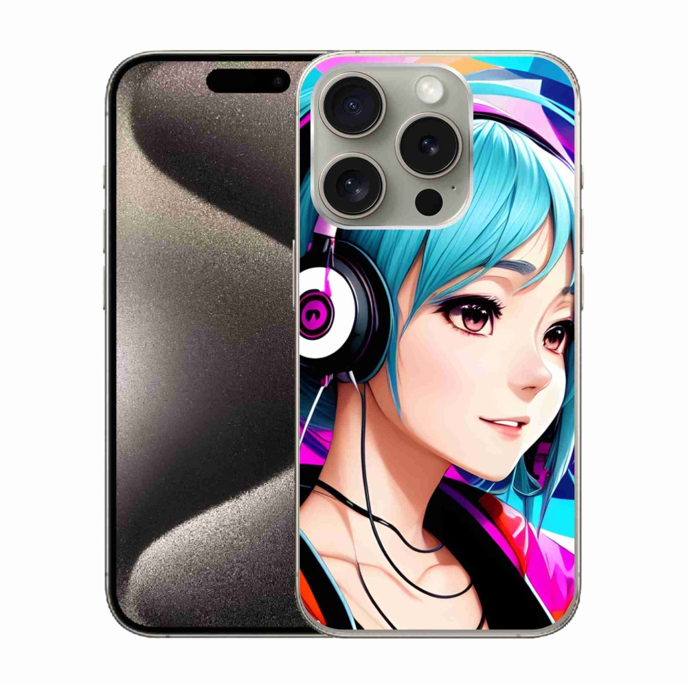 Zselés borítás mmCase iPhone 15 Pro készülékhez - lány fejhallgatóval