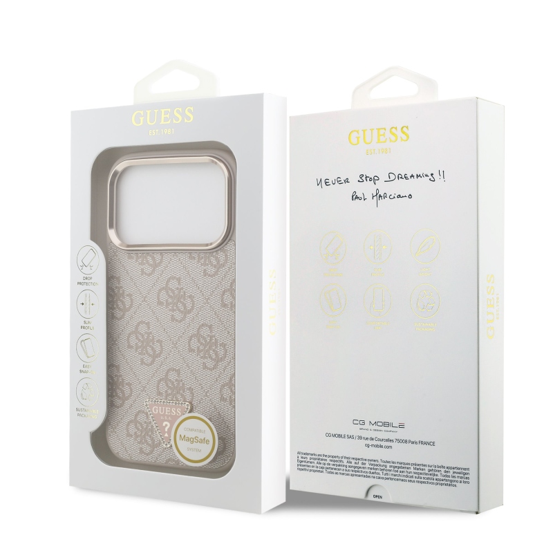 Guess PU bőr 4G Strass háromszög logó arany keret MagSafe hátlap iPhone 17 Pro rózsaszínű borítóhoz