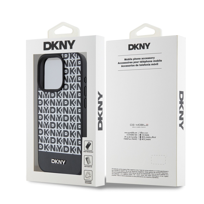 DKNY PU bőr ismétlődő mintás alsó csíkos MagSafe hátlap iPhone 13 Pro Max-hoz Fekete