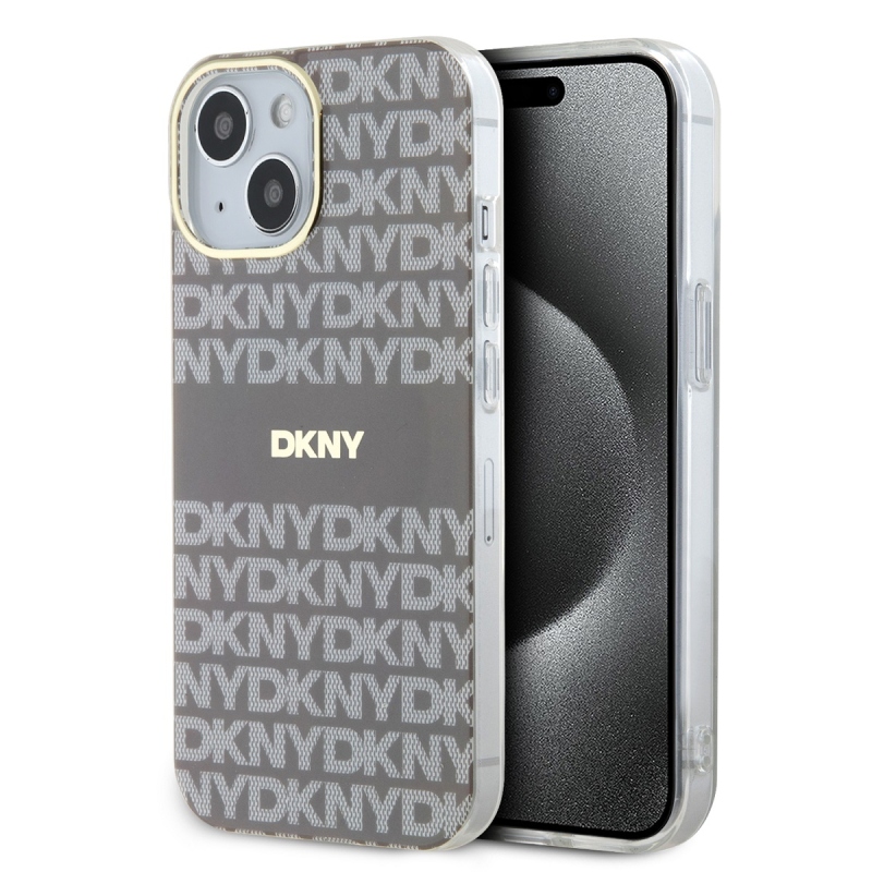DKNY PC/TPU ismétlődő mintás tonális csíkos Magsafe hátlap iPhone 15 bézs színű borítóhoz