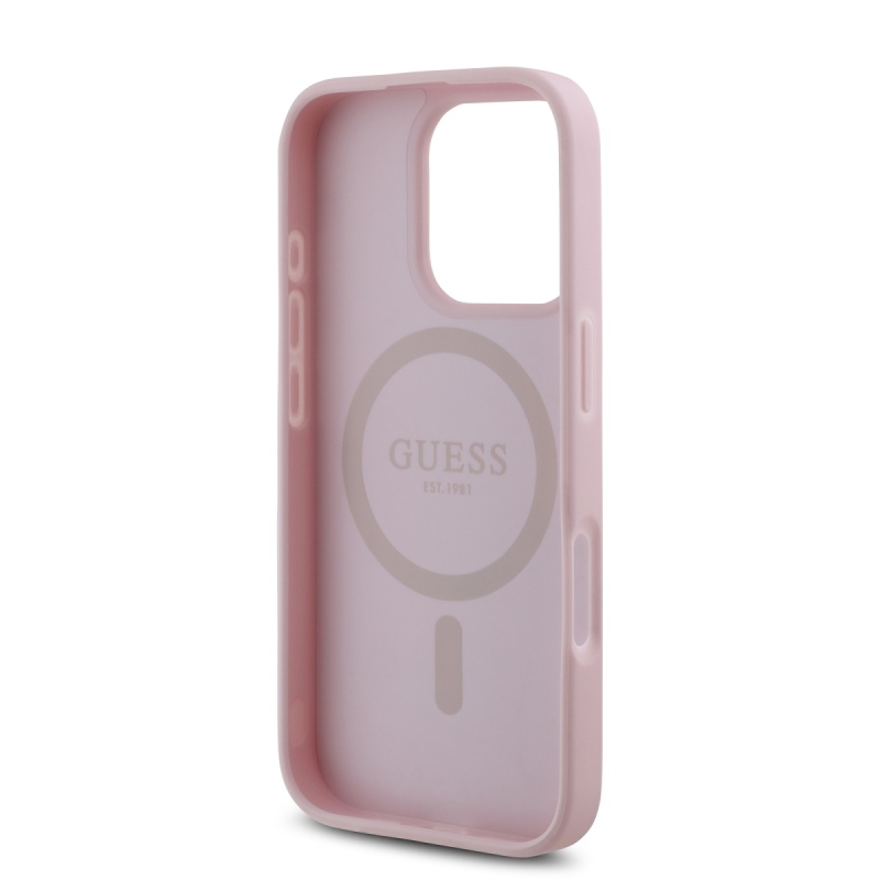Guess PU szemcsés 4G kis fém logós MagSafe hátlap iPhone 16 Pro Max rózsaszínű iPhone 16 Pro Max számára