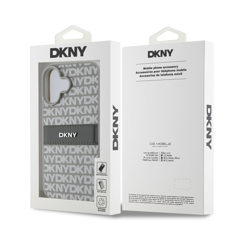 DKNY PU bőr ismétlődő mintás tonális csíkos hátlapi borító iPhone 16 bézs színűre