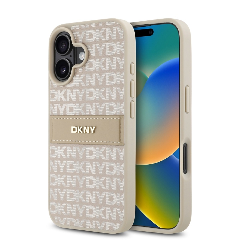 DKNY PU bőr ismétlődő mintás tonális csíkos hátlap iPhone 16 Plus rózsaszínű készülékhez
