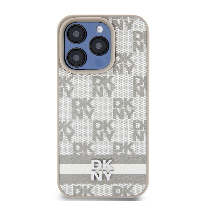 DKNY PU bőr kockás mintás és csíkos hátlapi borító iPhone 13 Pro Max bézs színű készülékhez