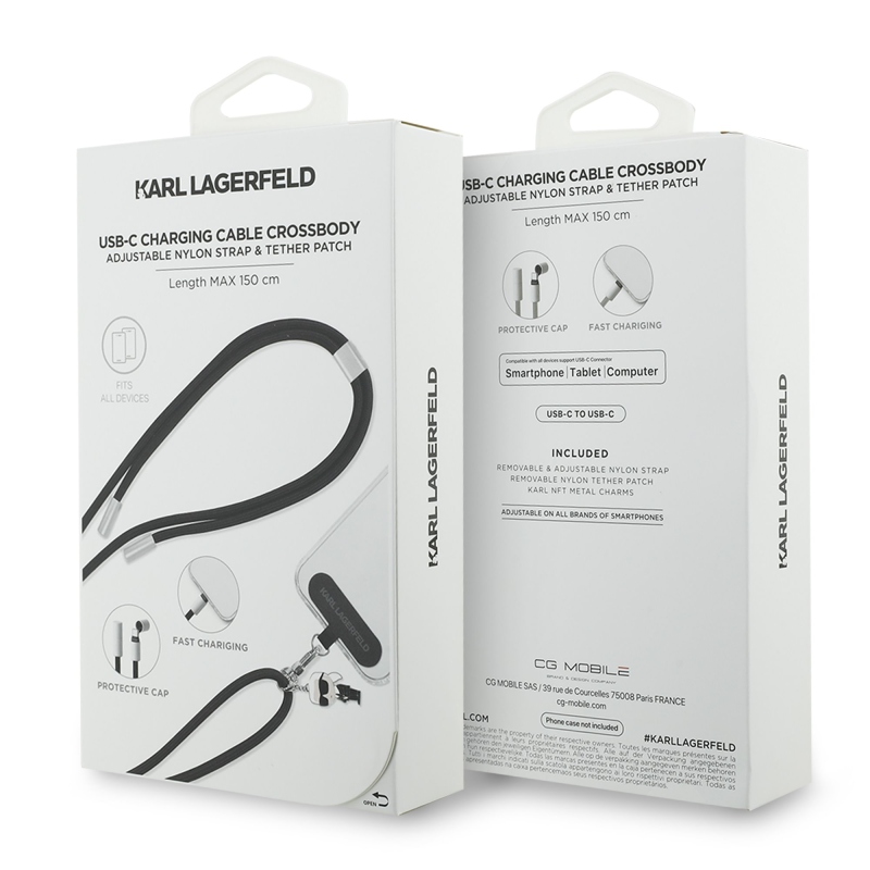 Karl Lagerfeld Ikonik Charm szíj integrált USB-C/USB-C töltőkábellel Fekete