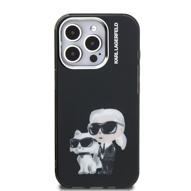 Karl Lagerfeld IML Aquarelle Karl és Choupette hátlapi borító iPhone 15 Pro készülékhez Fekete