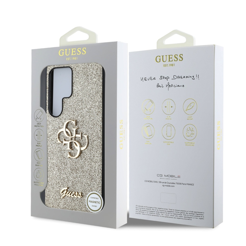 Guess PU Fixed Glitter 4G Metal Logo hátlap Samsung Galaxy S25 Ultra Gold számára