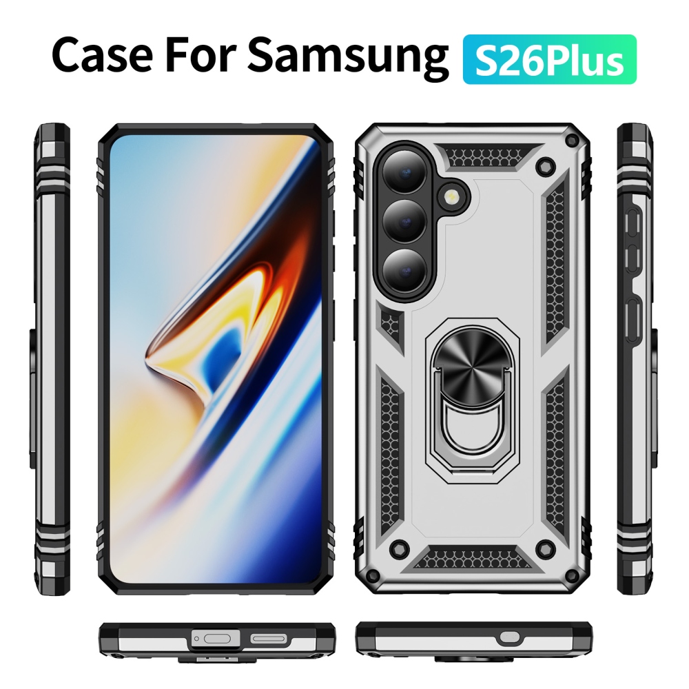 Gyűrűálló hibrid borítás ujjmarkolattal Samsung Galaxy S26+ készülékhez - ezüst