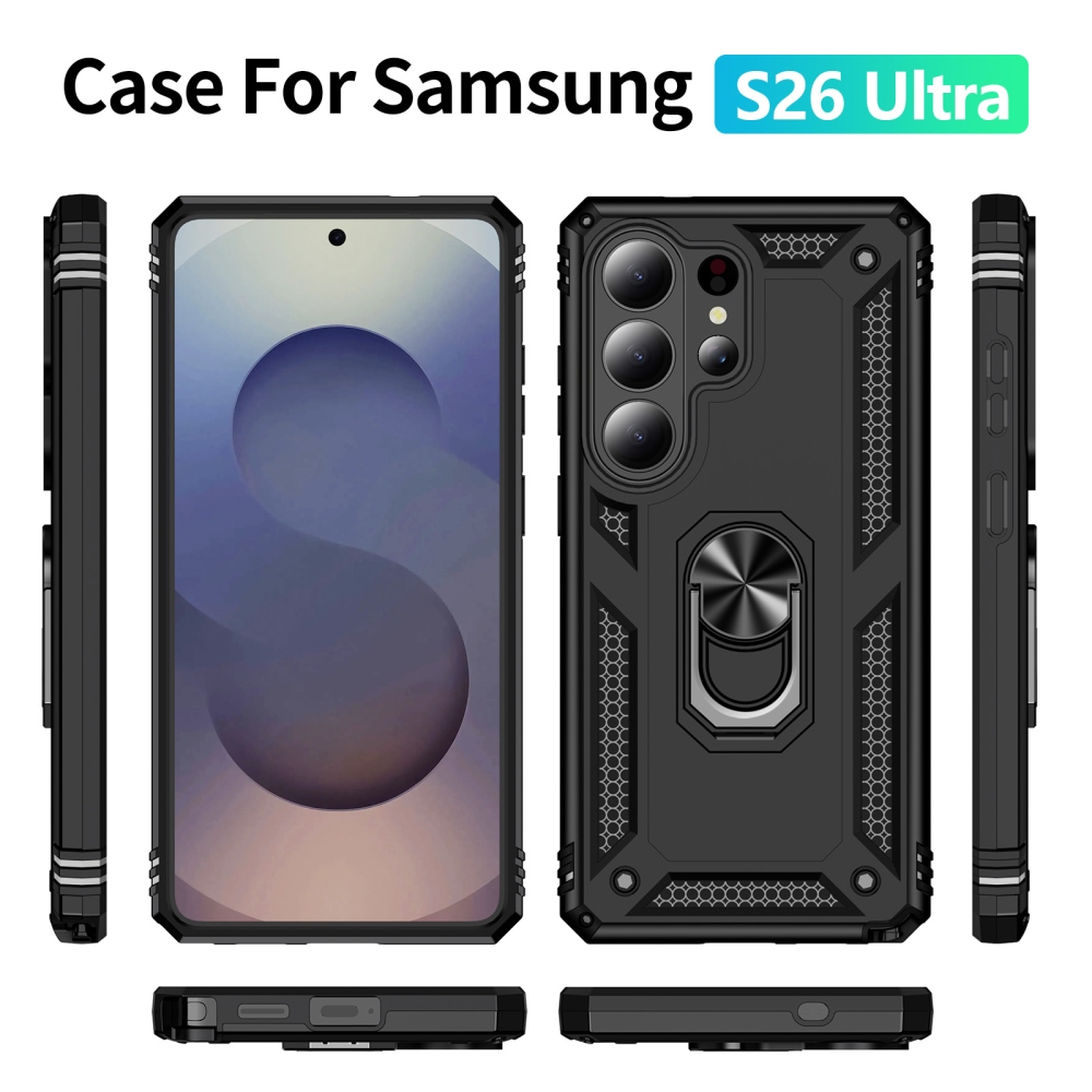 Gyűrűálló hibrid borítás ujjbeggyel Samsung Galaxy S26 Ultra - fekete