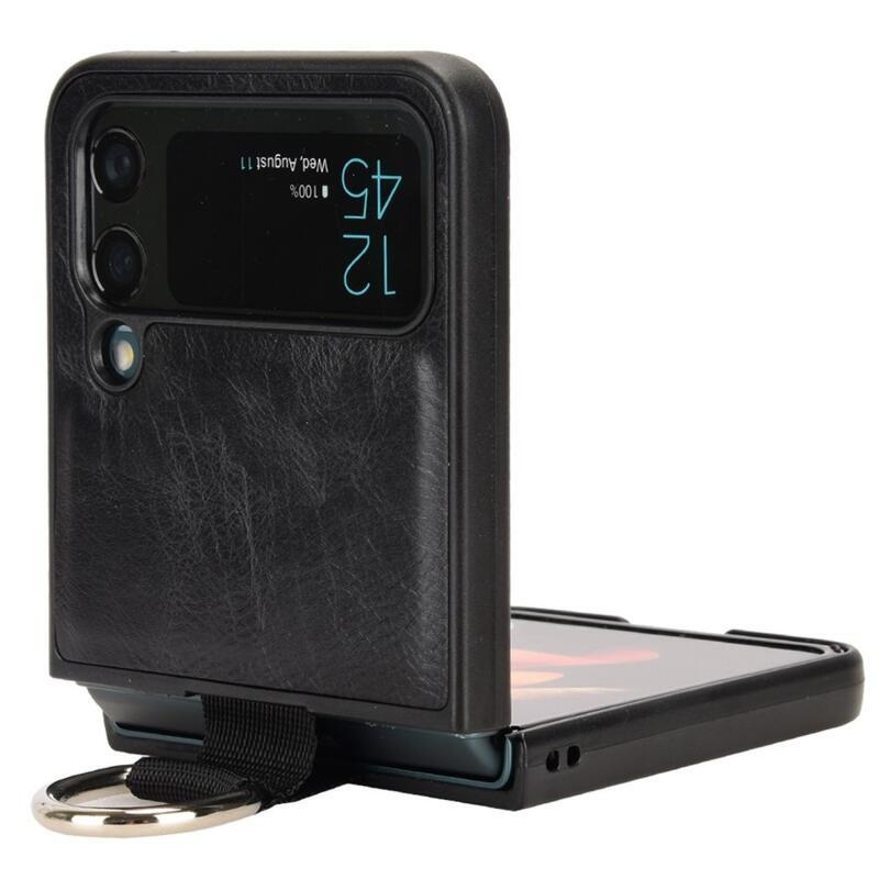 Gyűrűs műanyag borítás PU bőrrel bevont hurokkal a mobiltelefonra Samsung Galaxy Z Flip4 5G - fekete