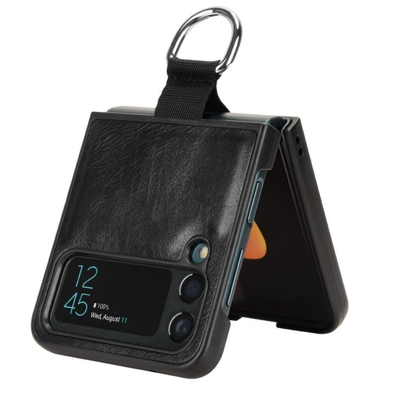 Gyűrűs műanyag borítás PU bőrrel bevont hurokkal a mobiltelefonra Samsung Galaxy Z Flip4 5G - fekete