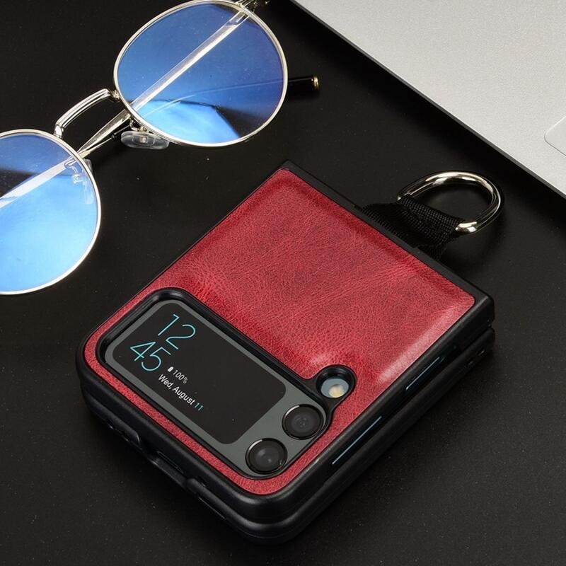 Gyűrűs műanyag borítás PU bőrrel bevont hurokkal a mobiltelefonra Samsung Galaxy Z Flip4 5G - piros