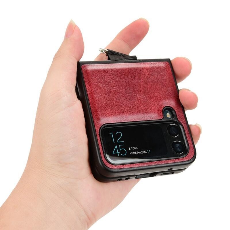 Gyűrűs műanyag borítás PU bőrrel bevont hurokkal a mobiltelefonra Samsung Galaxy Z Flip4 5G - piros