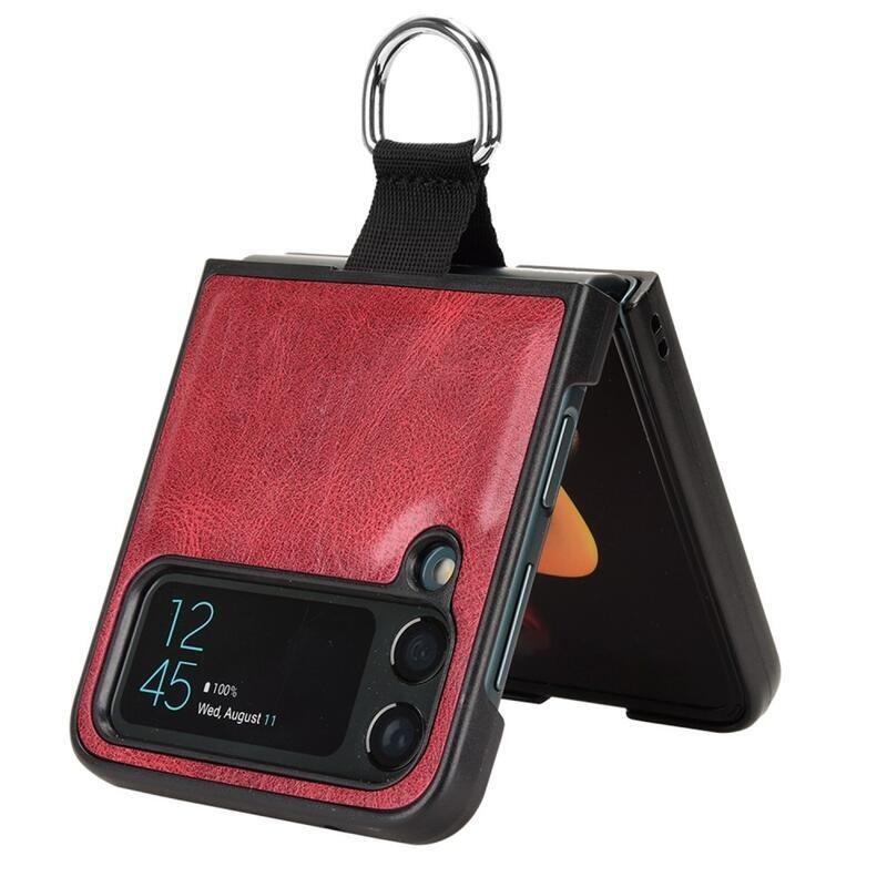 Gyűrűs műanyag borítás PU bőrrel bevont hurokkal a mobiltelefonra Samsung Galaxy Z Flip4 5G - piros