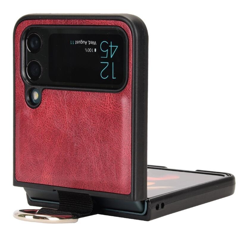 Gyűrűs műanyag borítás PU bőrrel bevont hurokkal a mobiltelefonra Samsung Galaxy Z Flip4 5G - piros