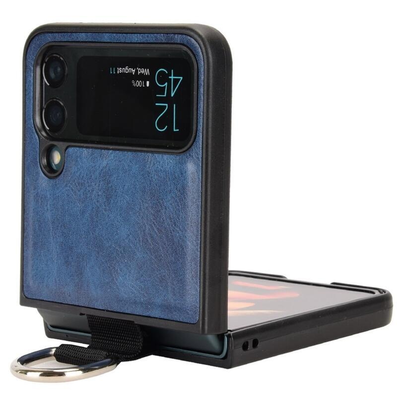 Gyűrűs műanyag borítás PU bőrrel bevont hurokkal a mobiltelefonra Samsung Galaxy Z Flip4 5G - kék