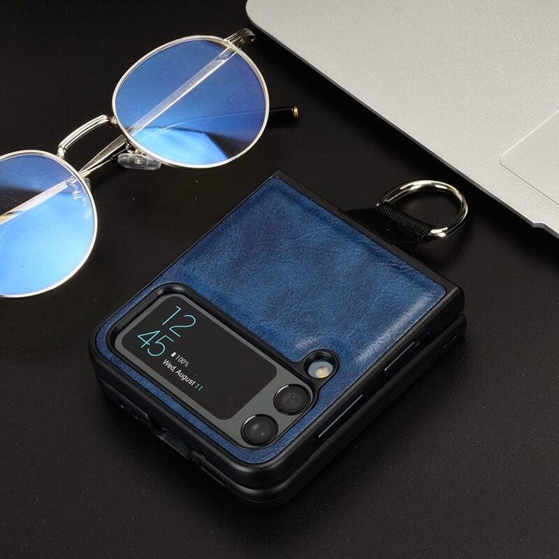 Gyűrűs műanyag borítás PU bőrrel bevont hurokkal a mobiltelefonra Samsung Galaxy Z Flip4 5G - kék
