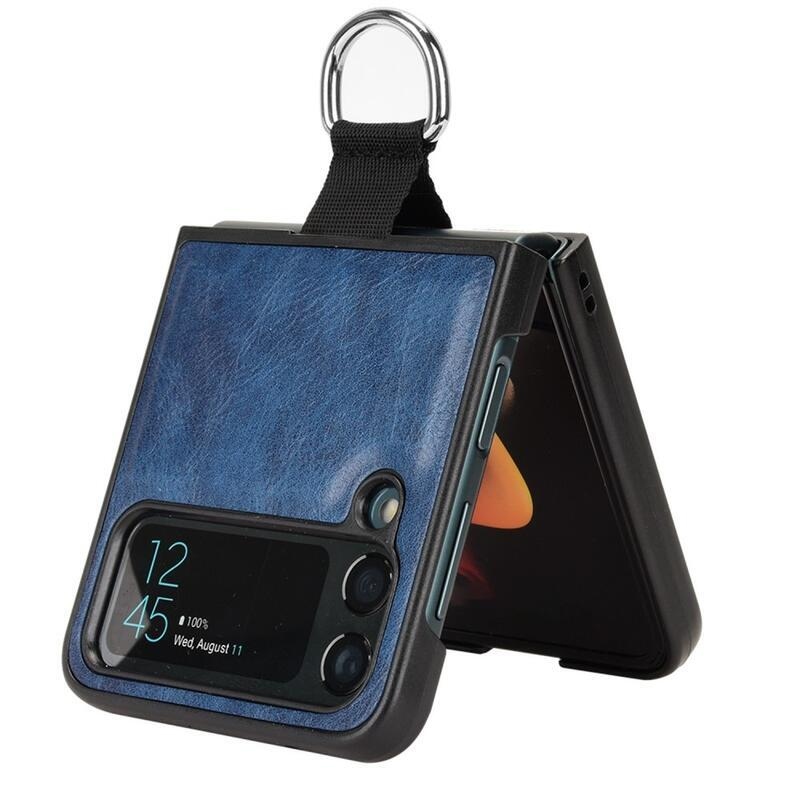 Gyűrűs műanyag borítás PU bőrrel bevont hurokkal a mobiltelefonra Samsung Galaxy Z Flip4 5G - kék
