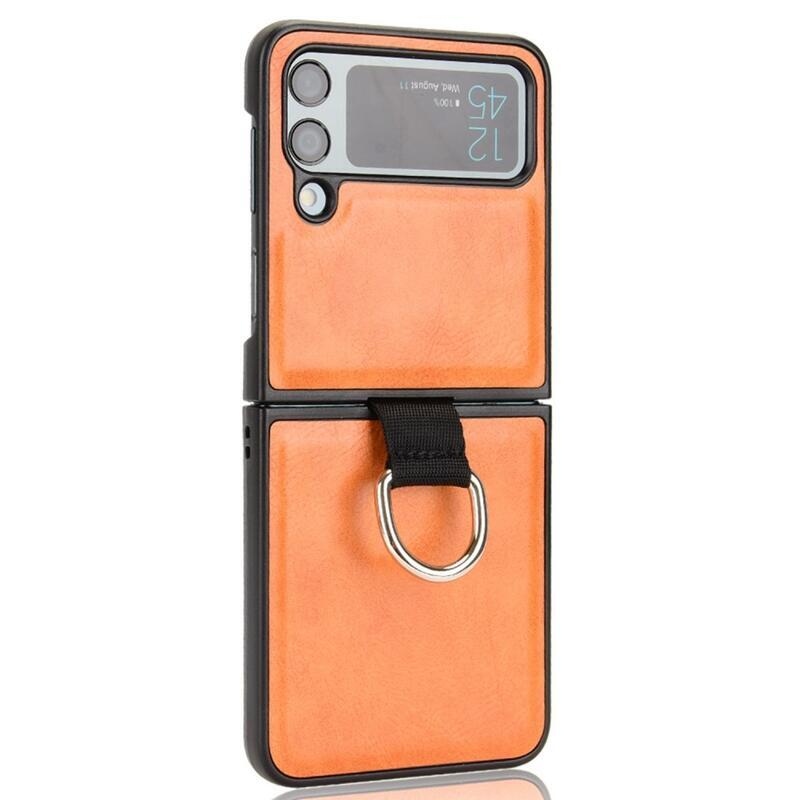 Gyűrűs műanyag borítás PU bőrrel bevont hurokkal a mobiltelefonra Samsung Galaxy Z Flip4 5G - narancssárga