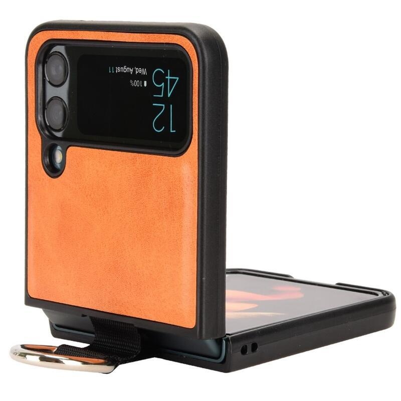 Gyűrűs műanyag borítás PU bőrrel bevont hurokkal a mobiltelefonra Samsung Galaxy Z Flip4 5G - narancssárga