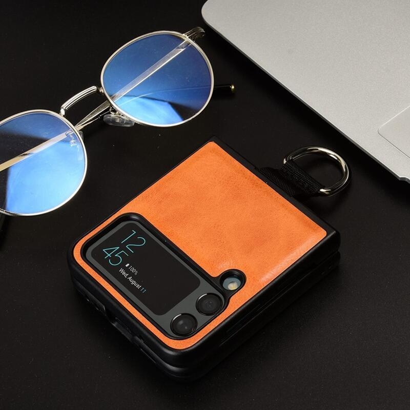 Gyűrűs műanyag borítás PU bőrrel bevont hurokkal a mobiltelefonra Samsung Galaxy Z Flip4 5G - narancssárga
