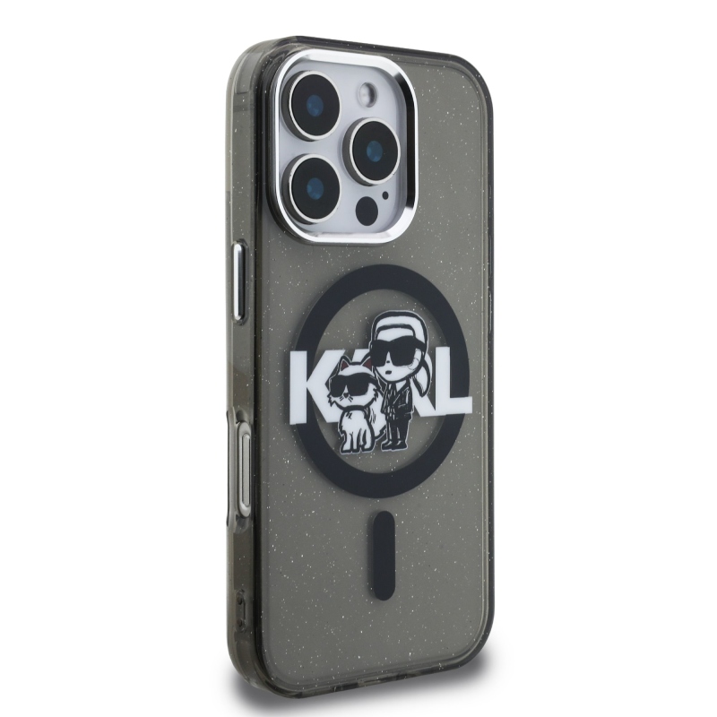 Karl Lagerfeld IML Glitter Karl és Choupette Sketch MagSafe hátlapi borító iPhone 16 Pro-hoz Fekete