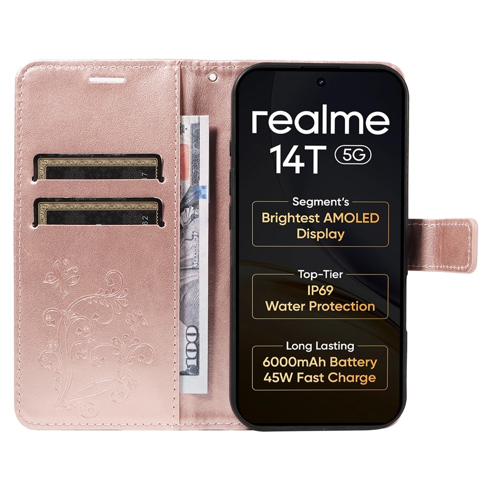 Nagy pillangó könyvtáska a Realme 14 5G/14T 5G számára - rózsaarany színben