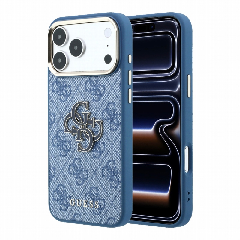 Guess PU 4G Resin Metal Logo hátsó tok iPhone 18 Pro-hoz, kék