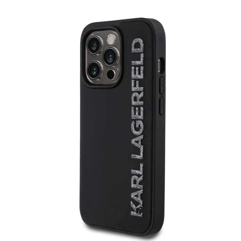 Karl Lagerfeld 3D gumiból készült csillogó logós hátlap iPhone 14 Pro fekete színűre