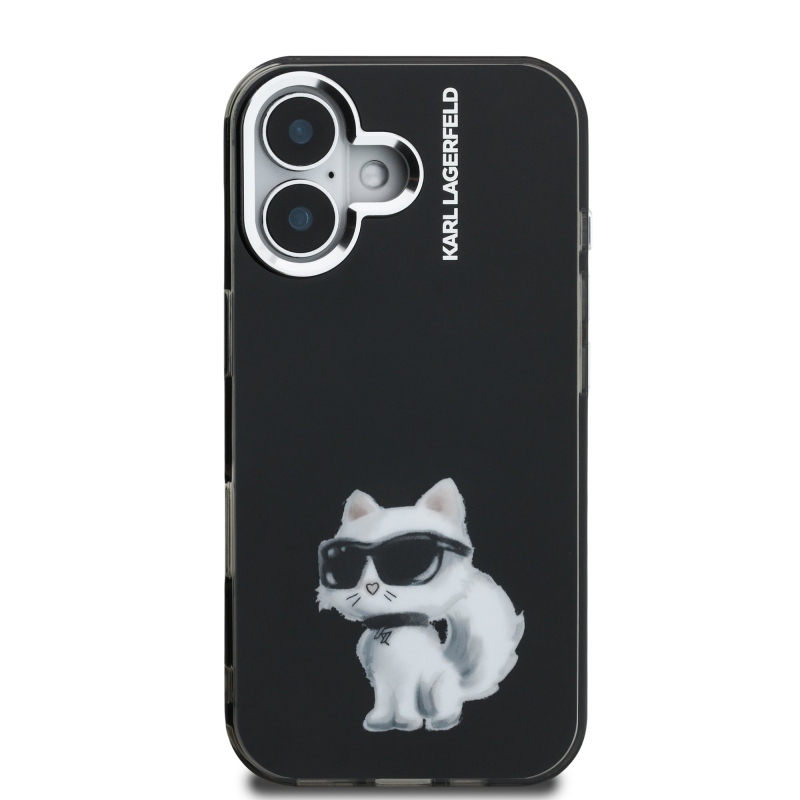 Karl Lagerfeld IML Aquarelle Choupette hátlapi borító iPhone 16-hoz Fekete